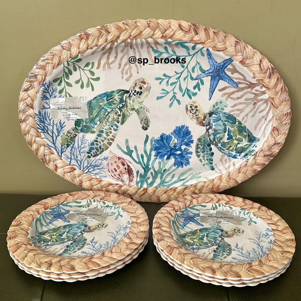 🎁7PC Tommy Bahama Melamine Dinnerware - 6 Salad Plates (9”) and 1 Tray (20.75”)